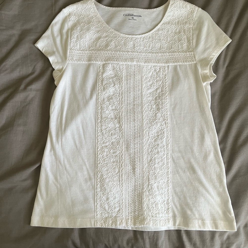 Croft & Barrow White Boxy Embellished Blouse with Bib Collar